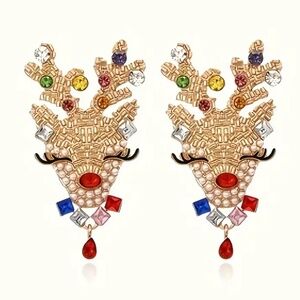 NWT Bead Encrusted Christmas Female Reindeer Pierced Post Earrings!